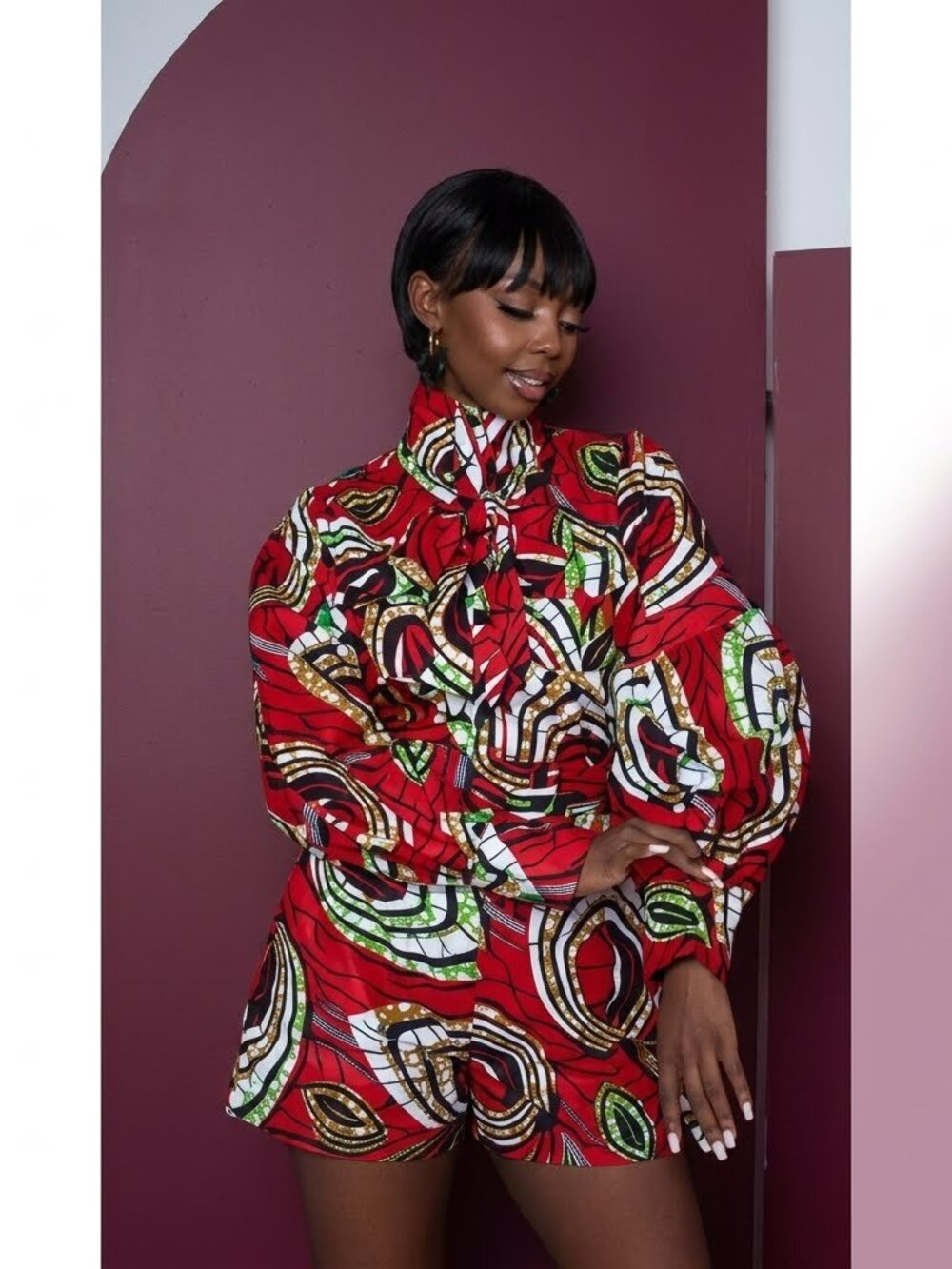 Ofuure African Print One Piece Set High Neck Puff Sleeve Top Matching Shorts Red